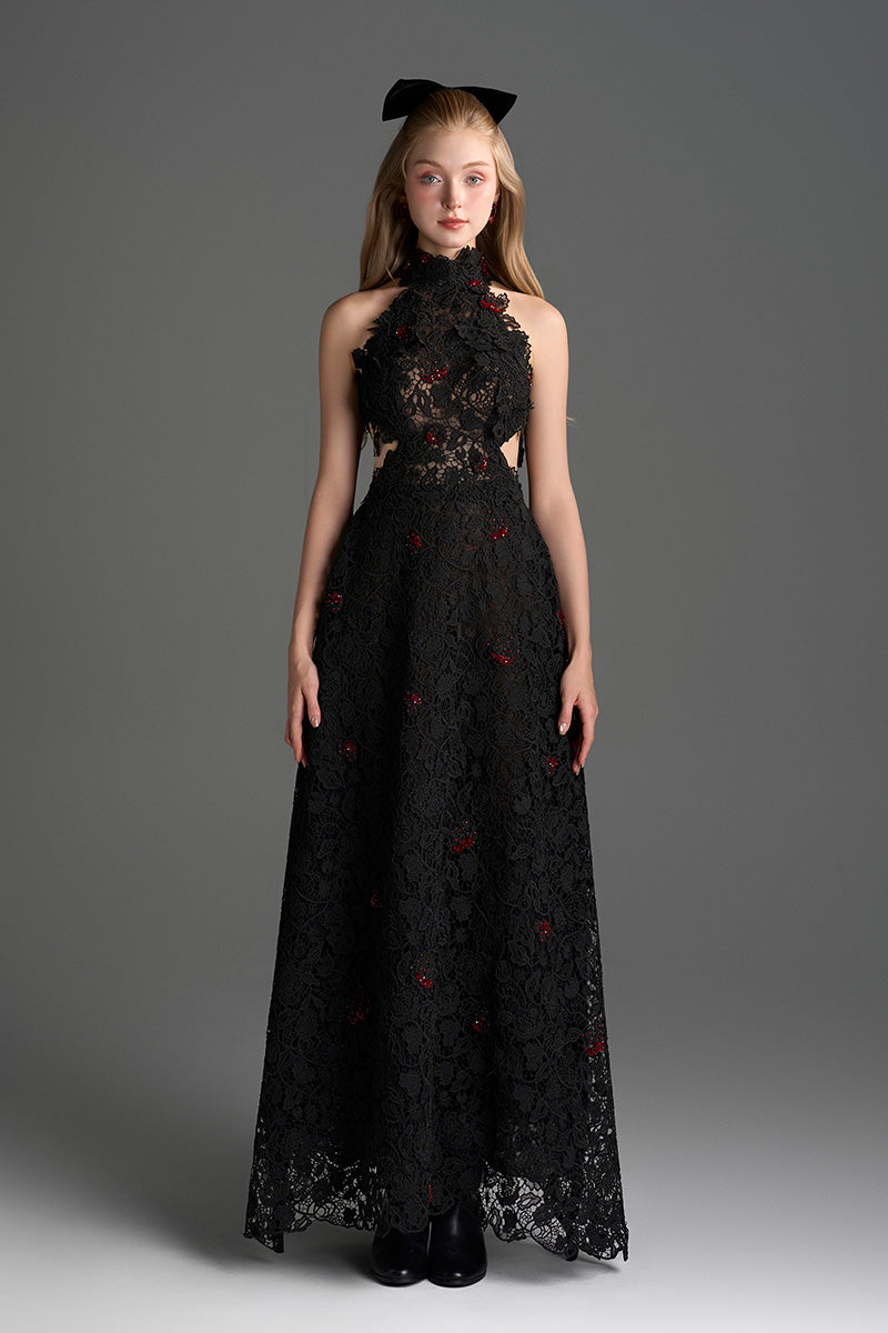 Black lace halter midi gown with floral vine design by I.H.F Studio, featuring an A-line silhouette and elegant halter neckline.