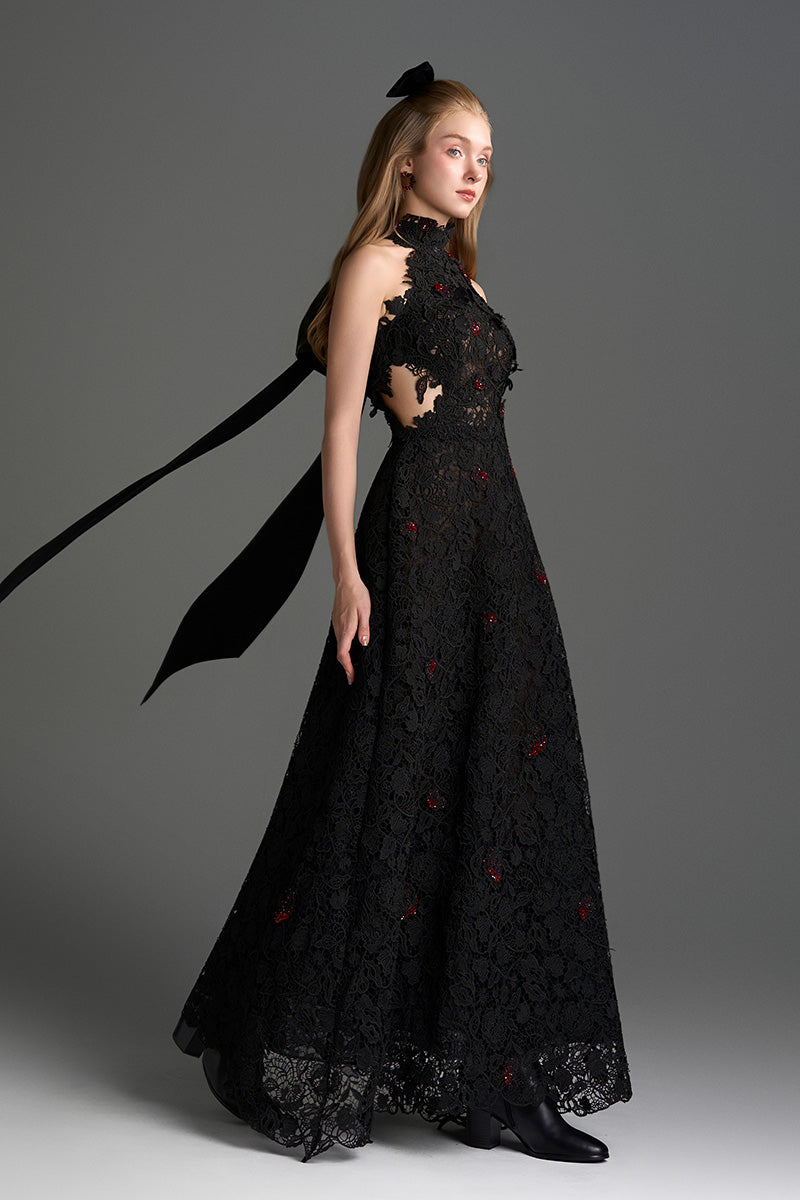 Black lace halter midi A-line gown with floral vine pattern by I.H.F Studio, featuring elegant halter neckline and flowing silhouette.