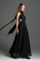 Black lace halter midi A-line gown with floral vine pattern by I.H.F Studio, featuring elegant halter neckline and flowing silhouette.