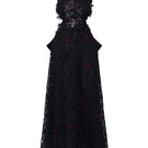 Black lace halter midi A-line gown with vine floral details by I.H.F Studio, showcasing elegant design and flowing silhouette.