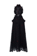 Black lace halter midi A-line gown with vine floral details by I.H.F Studio, showcasing elegant design and flowing silhouette.