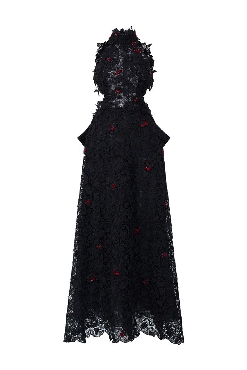 Black lace halter midi A-line gown with vine floral details by I.H.F Studio, showcasing elegant design and flowing silhouette.