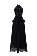 Black lace halter midi A-line gown with vine floral details by I.H.F Studio, shown on a model.