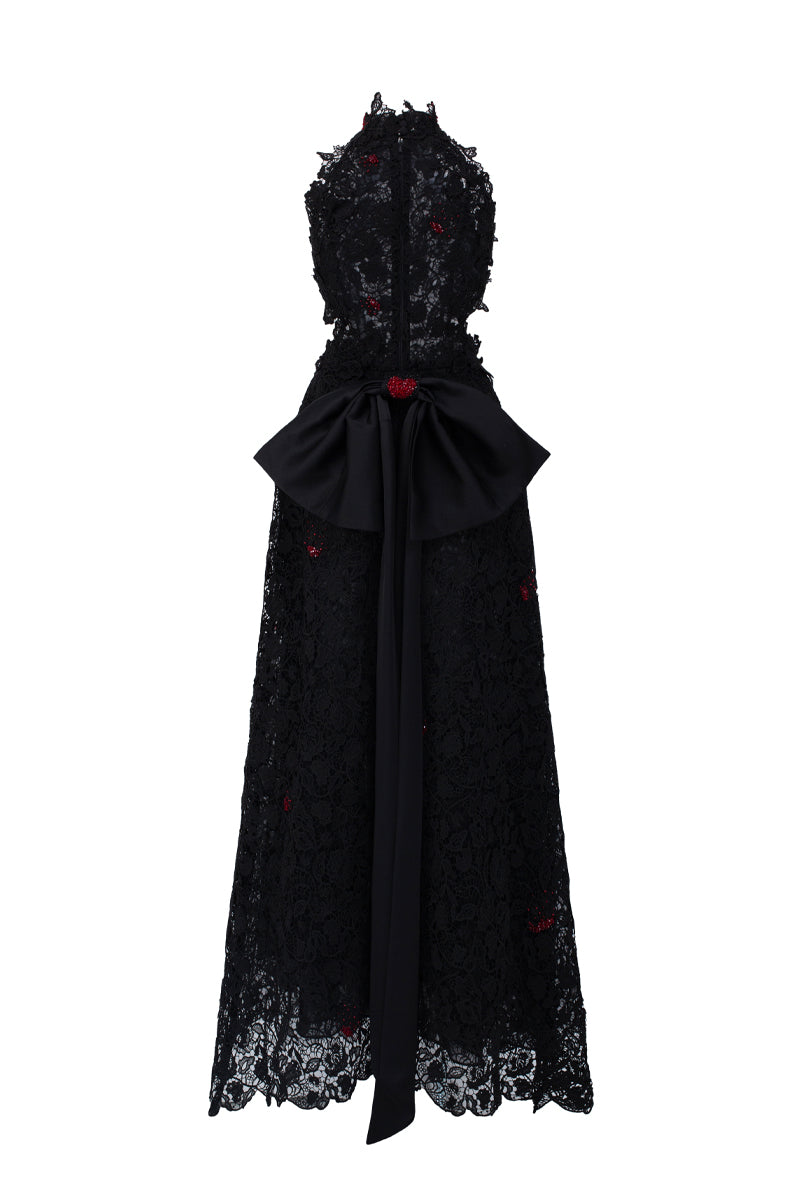 Black lace halter midi A-line gown with vine floral details by I.H.F Studio, shown on a model.