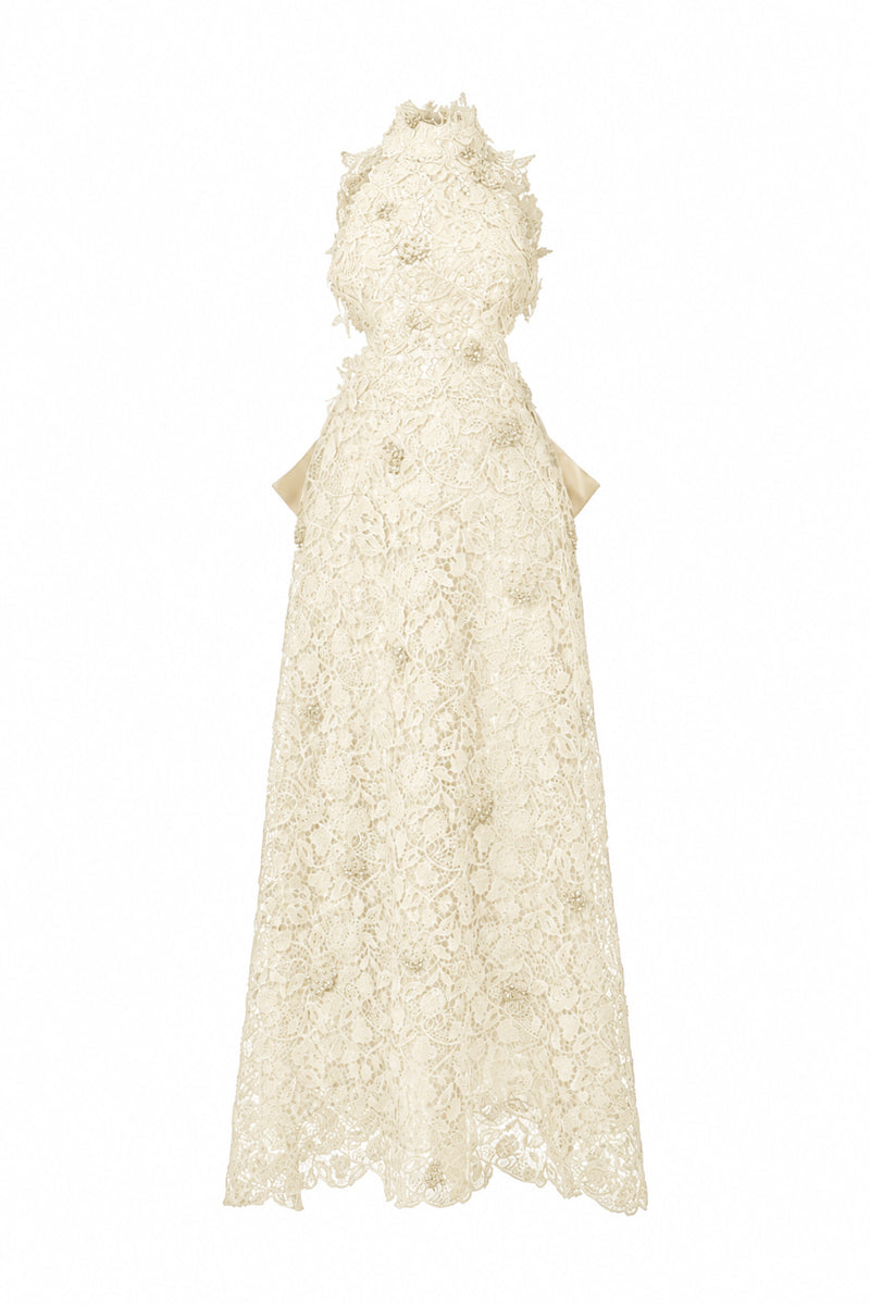 Ivory floral lace halter midi A-line gown with waist cut-out by I.H.F Studio, featuring intricate lace details and elegant design.