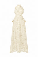 Ivory floral lace halter midi A-line gown with waist cut-out by I.H.F Studio, featuring intricate lace details and elegant design.