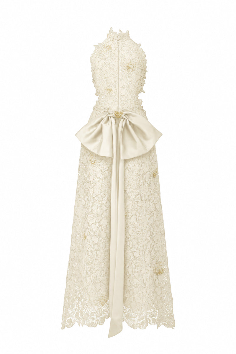 Ivory floral lace halter midi A-line gown by I.H.F Studio featuring waist cut-out and elegant lace detailing.