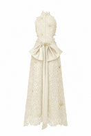 Ivory floral lace halter midi A-line gown by I.H.F Studio featuring waist cut-out and elegant lace detailing.