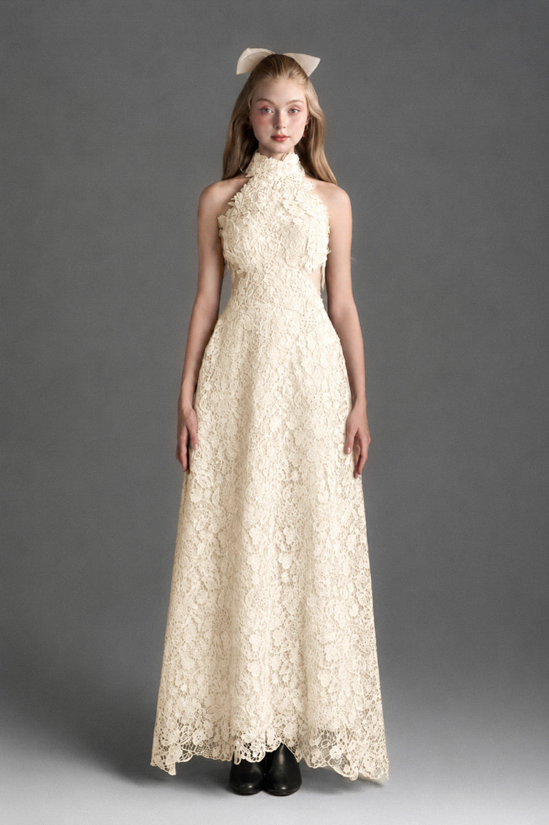 Ivory floral lace halter midi A-line gown with waist cut-out by I.H.F Studio, featuring intricate lace details and elegant design.