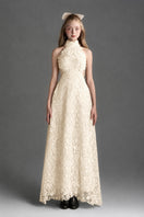 Ivory floral lace halter midi A-line gown with waist cut-out by I.H.F Studio, featuring intricate lace details and elegant design.