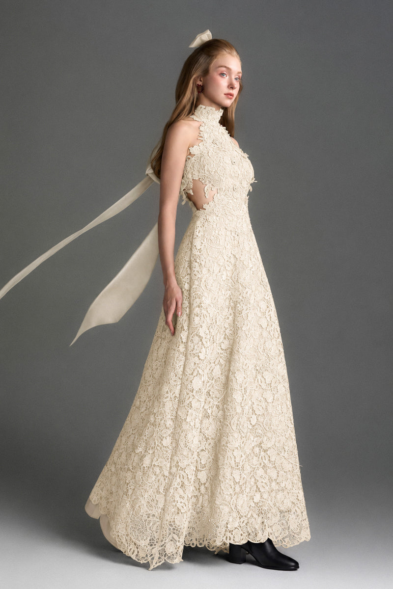 Ivory floral lace halter midi A-line gown with waist cut-out by I.H.F Studio, showcasing elegant lace details and a flattering silhouette.