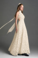 Ivory floral lace halter midi A-line gown with waist cut-out by I.H.F Studio, showcasing elegant lace details and a flattering silhouette.
