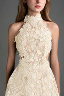 Ivory floral lace halter midi gown with waist cut-out by I.H.F Studio, featuring an A-line silhouette and elegant design.