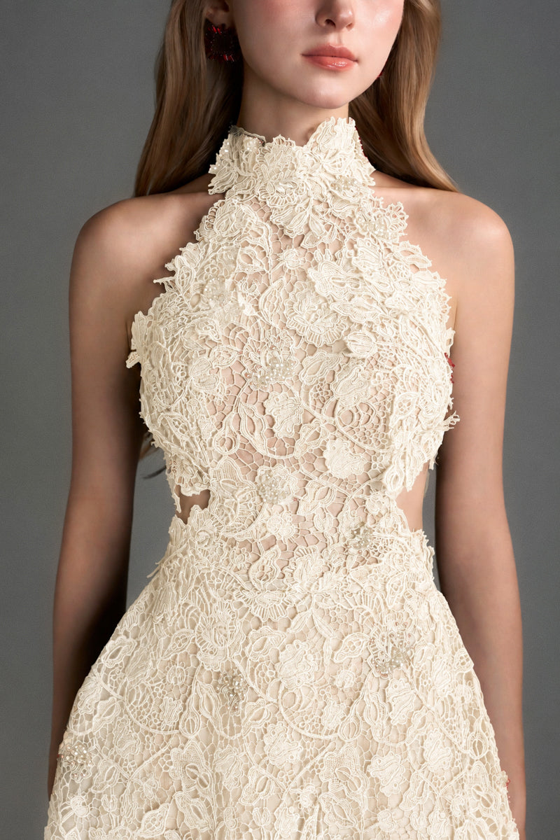 Ivory floral lace halter midi gown with waist cut-out by I.H.F Studio, featuring an A-line silhouette and elegant design.
