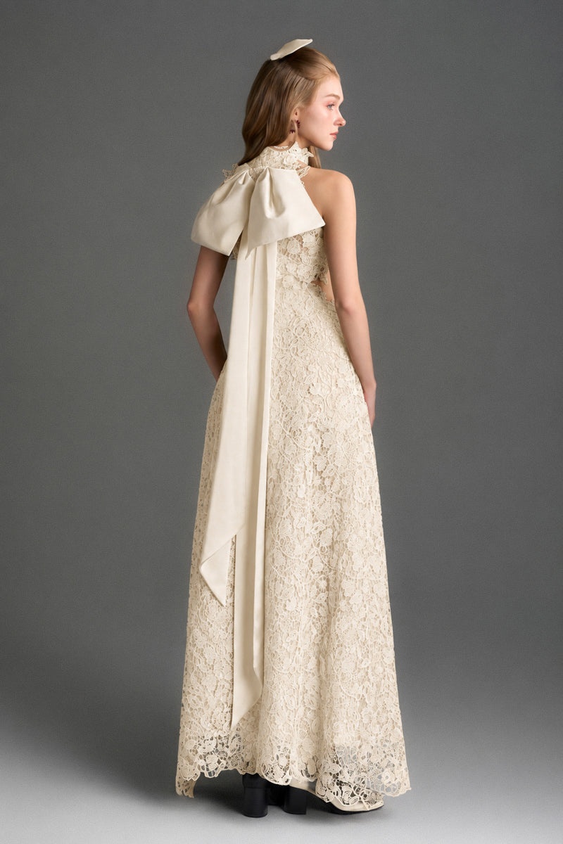 Ivory lace halter midi A-line gown with floral vine design, waist cut-out, by I.H.F Studio, perfect for elegant occasions.