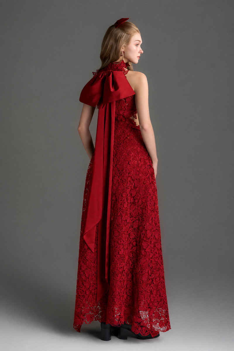 Red floral lace halter midi A-line gown by I.H.F Studio with a flowing silhouette and elegant design.