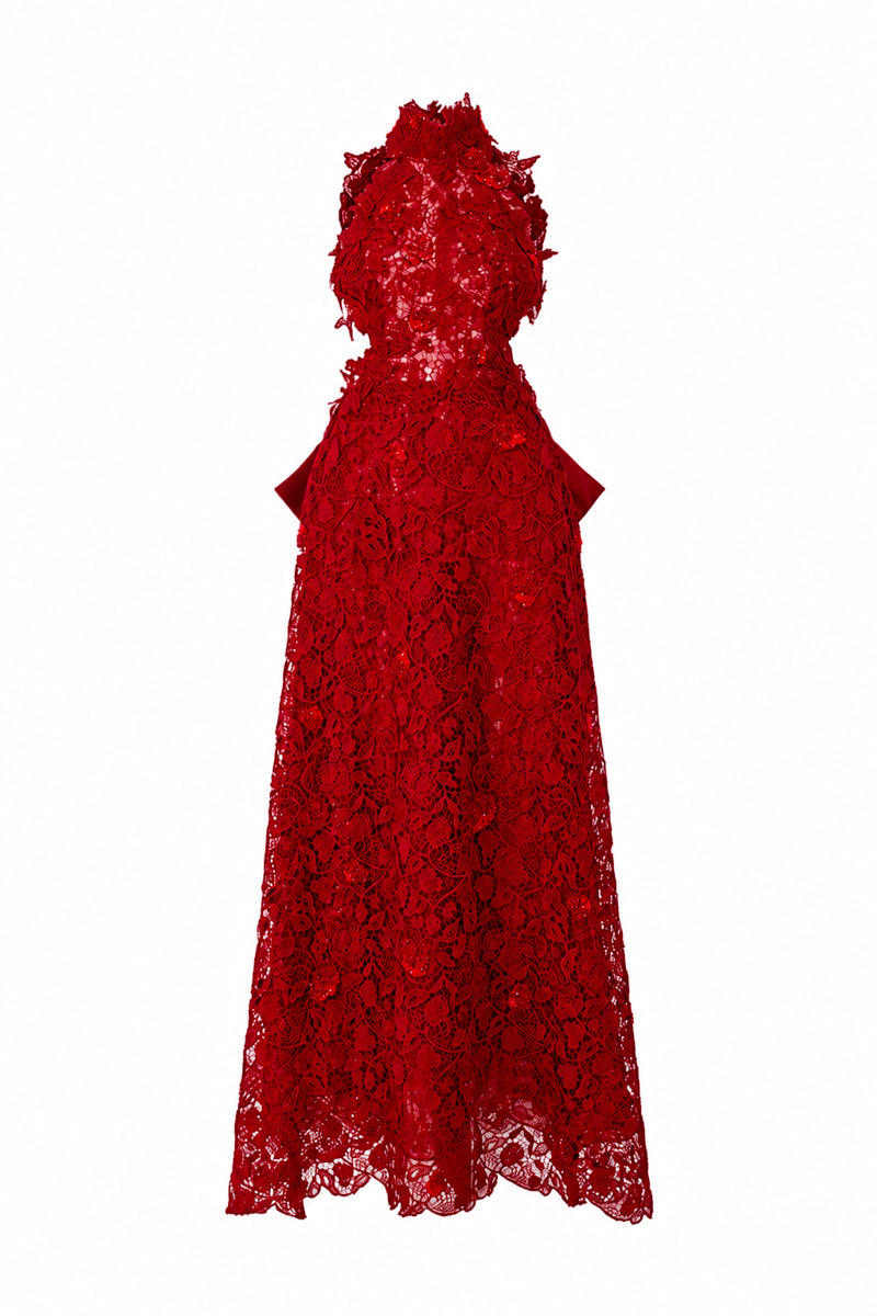 Red floral lace halter midi A-line gown by I.H.F Studio featuring elegant design and intricate lace details.