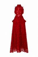 Red floral lace halter midi A-line gown by I.H.F Studio featuring elegant design and intricate lace details.