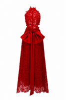 Red floral lace halter midi A-line gown by I.H.F Studio, featuring a fitted bodice and flowing skirt with intricate lace details.