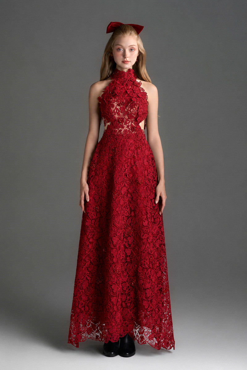Red floral lace halter midi A-line gown by I.H.F Studio, featuring a fitted bodice and flowing skirt, perfect for elegant occasions.
