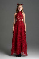 Red floral lace halter midi A-line gown by I.H.F Studio, featuring a fitted bodice and flowing skirt, perfect for elegant occasions.