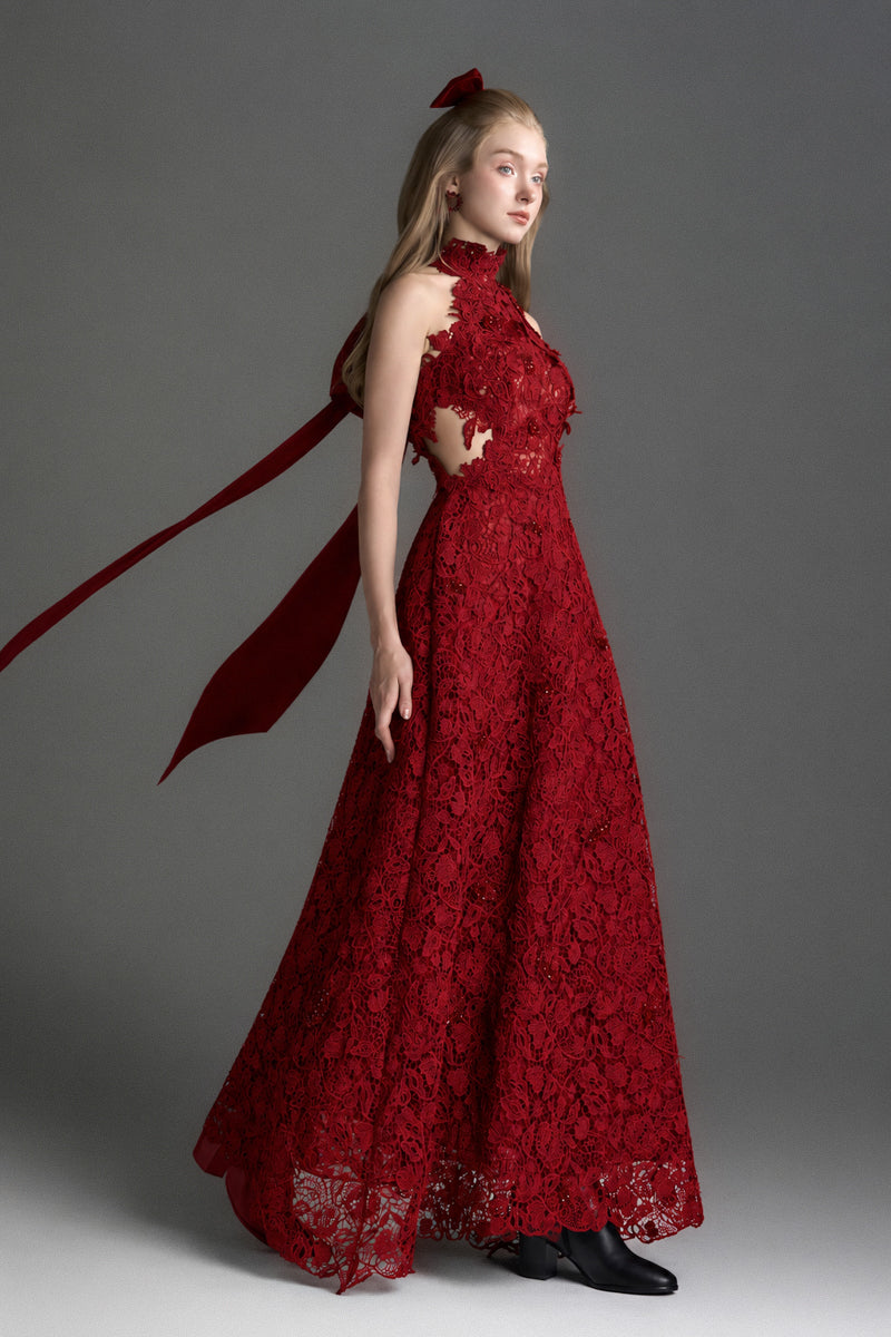 Red floral lace halter midi A-line gown by I.H.F Studio, featuring elegant design and intricate lace details.