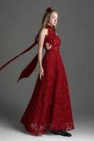 Red floral lace halter midi A-line gown by I.H.F Studio, featuring elegant design and intricate lace details.