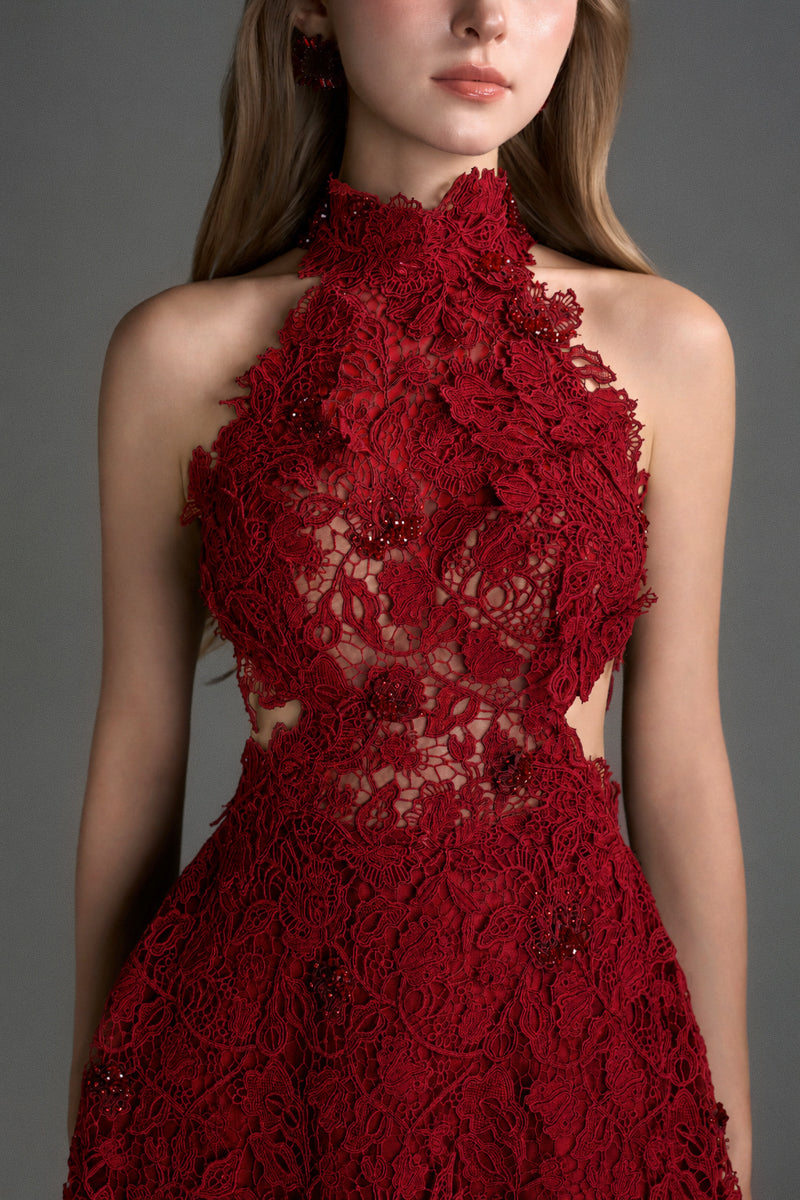 Red floral lace halter midi A-line gown by I.H.F Studio featuring intricate lace details and elegant design.