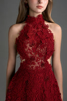 Red floral lace halter midi A-line gown by I.H.F Studio featuring intricate lace details and elegant design.