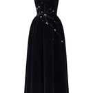 Elegant black velvet A-line midi gown by I.H.F Studio, featuring a flowing silhouette and stylish design.
