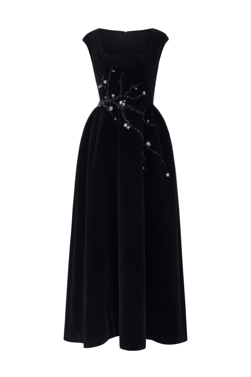 Elegant black velvet A-line midi gown by I.H.F Studio, featuring a flowing silhouette and stylish design.
