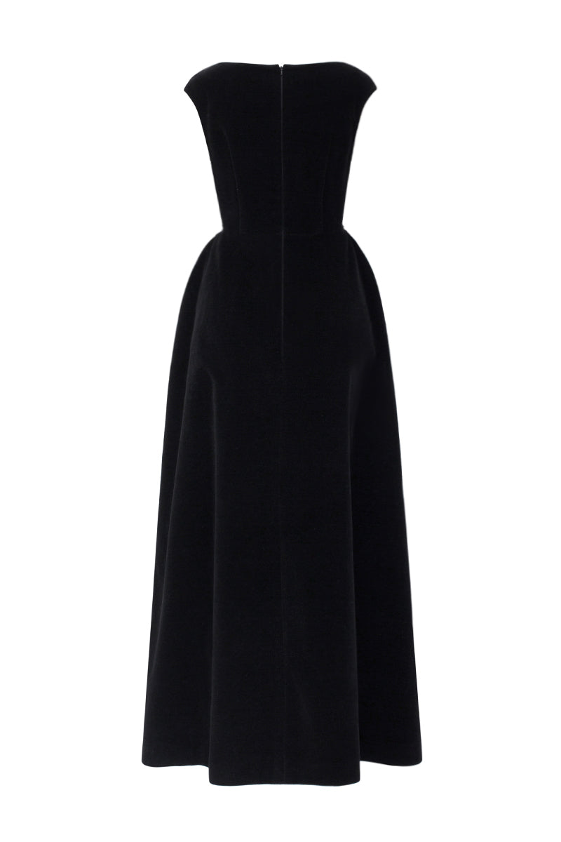 Black velvet A-line midi gown by I.H.F Studio featuring a sleek, elegant design perfect for formal occasions.