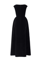 Black velvet A-line midi gown by I.H.F Studio featuring a sleek, elegant design perfect for formal occasions.