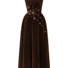 Brown velvet A-line midi dress by I.H.F Studio, showcasing a stylish gown with elegant drape and fitted waist in a rich brown fabric.