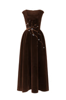 Brown velvet A-line midi dress by I.H.F Studio, showcasing a stylish gown with elegant drape and fitted waist in a rich brown fabric.