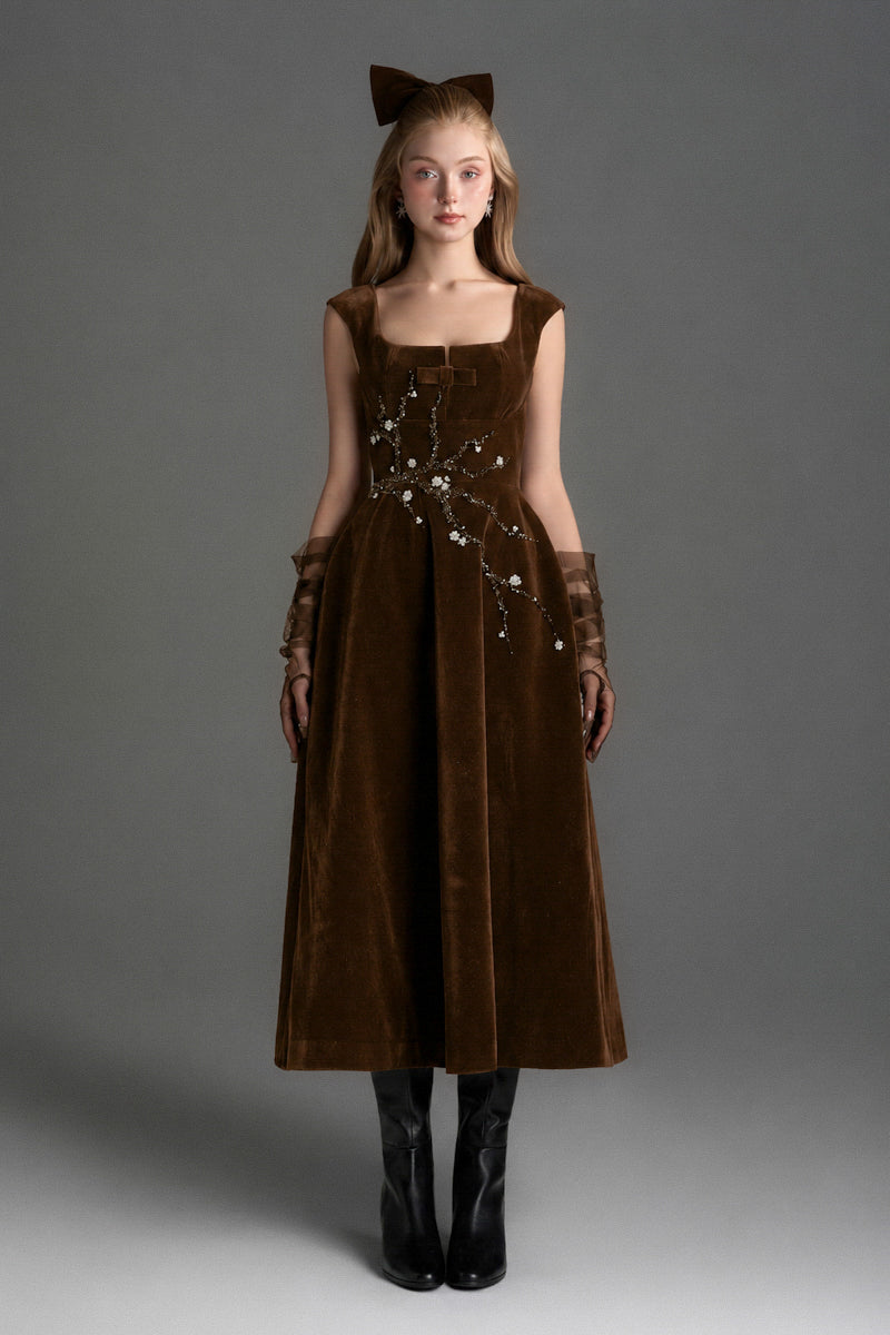 Brown velvet Lyon A-line midi gown by I.H.F Studio, featuring a flowing silhouette and elegant design.