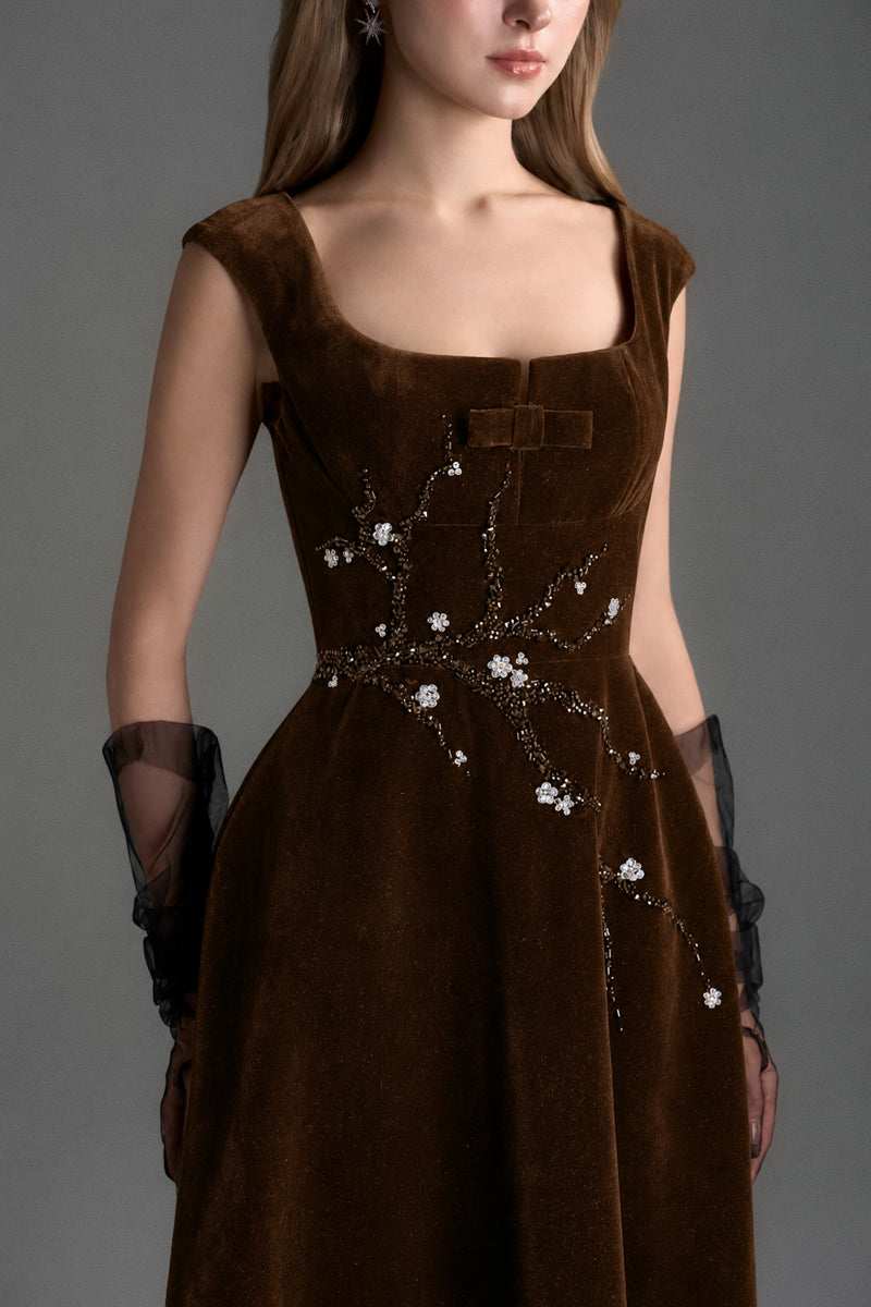 Brown velvet LYON A-line midi gown by I.H.F Studio, showcasing a flowy silhouette and elegant design.