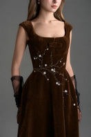 Brown velvet LYON A-line midi gown by I.H.F Studio, showcasing a flowy silhouette and elegant design.