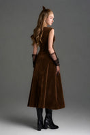 Brown velvet A-line midi gown by I.H.F Studio featuring a stylish, elegant design with a flowing silhouette and classic neckline.