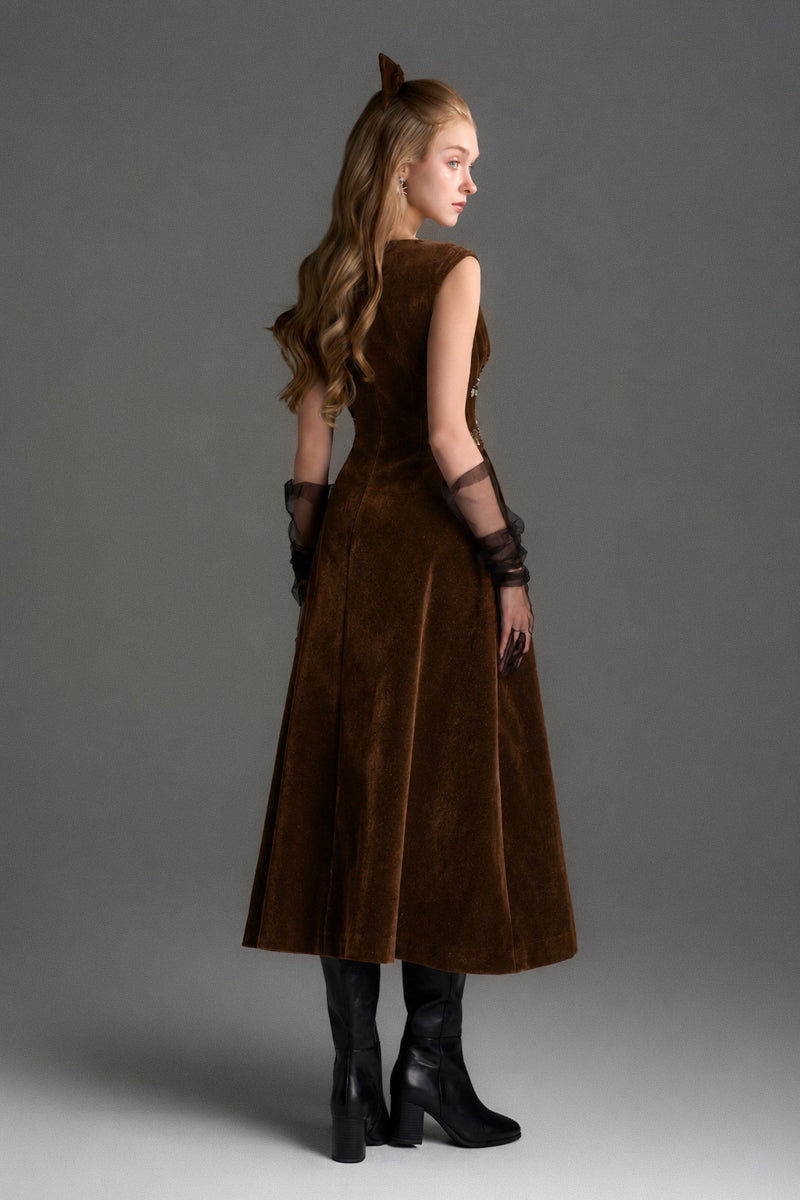 Brown velvet A-line midi gown by I.H.F Studio featuring a stylish, elegant design with a flowing silhouette and classic neckline.