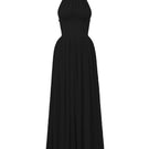 Black VINE GUIPURE LACE A-line gown with ruffle collar by I.H.F Studio, featuring intricate lace detailing and elegant design.