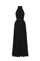 Black VINE GUIPURE LACE A-line gown with ruffle collar by I.H.F Studio, featuring intricate lace detailing and elegant design.