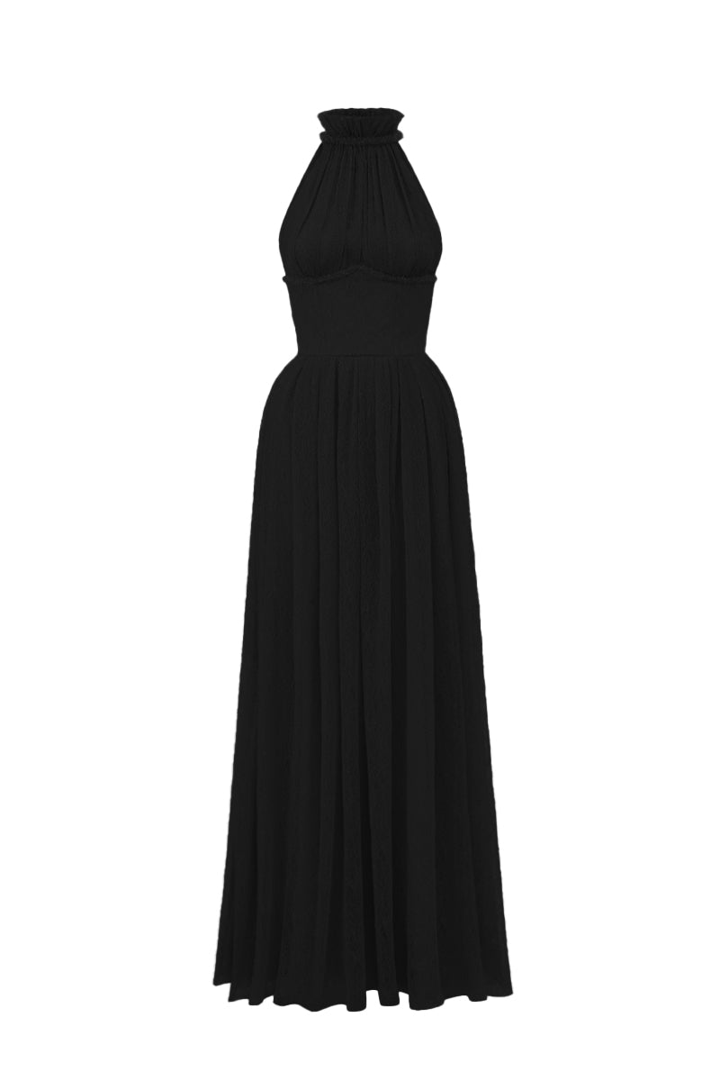 Black VINE GUIPURE LACE A-line gown with ruffle collar by I.H.F Studio, featuring intricate lace detailing and elegant design.