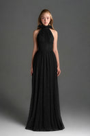 Black vine guipure lace A-line gown with ruffle collar by I.H.F Studio, featuring intricate lace details and elegant design.