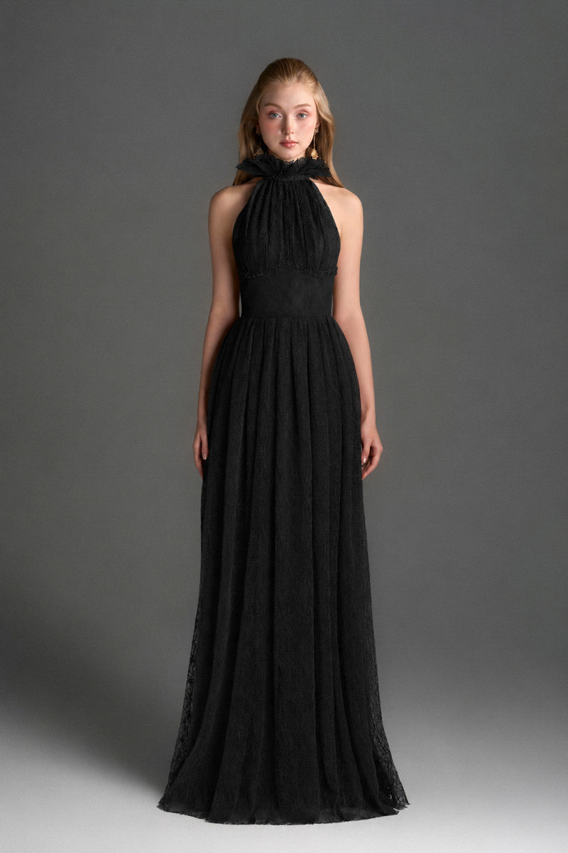 Black vine guipure lace A-line gown with ruffle collar by I.H.F Studio, featuring intricate lace details and elegant design.