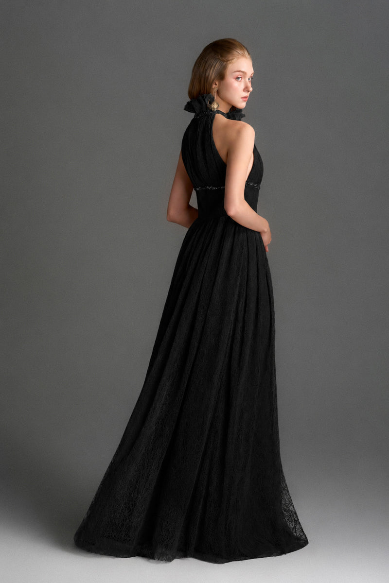 Black Vine Guipure lace A-line gown with ruffle collar by I.H.F Studio, featuring intricate lace details and a flowy silhouette.