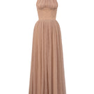 Light brown VINE GUIPURE LACE A-line gown with ruffle collar by I.H.F Studio, featuring intricate lace details and elegant silhouette.