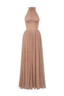 Light brown VINE GUIPURE LACE A-line gown with ruffle collar by I.H.F Studio, featuring intricate lace details and elegant silhouette.
