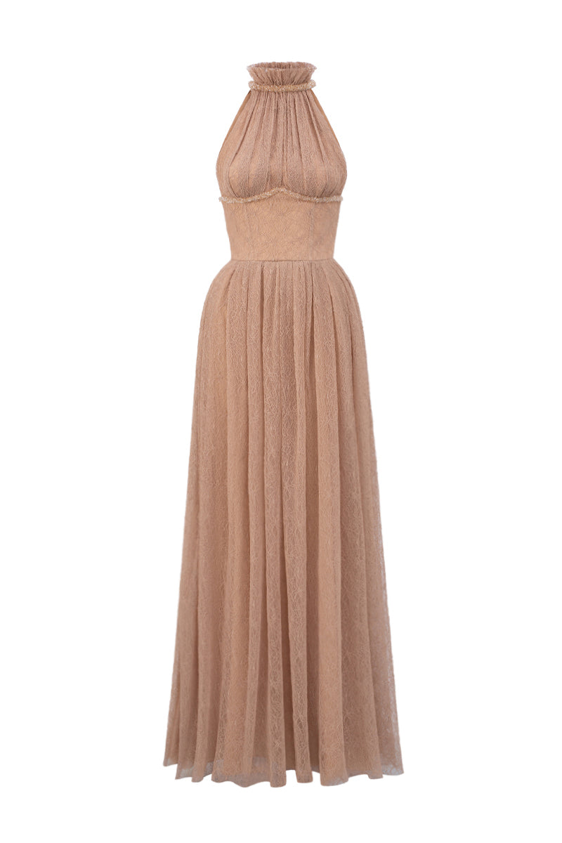 Light brown VINE GUIPURE LACE A-line gown with ruffle collar by I.H.F Studio, featuring intricate lace details and elegant silhouette.