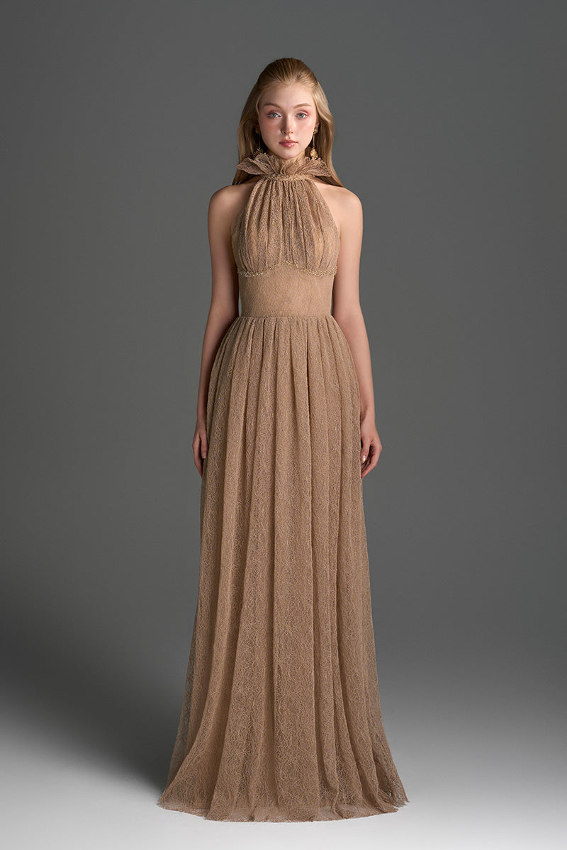 Light brown A-line gown by I.H.F Studio featuring vine guipure lace and a ruffle collar, perfect for elegant occasions.